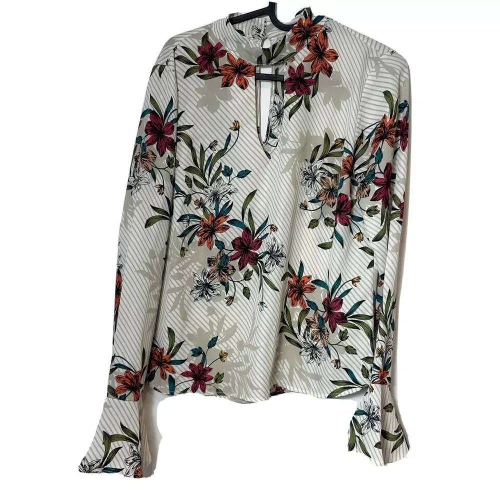 Lily White Long Sleeve Floral Blouse Womens S Button Double Keyhole Cottagecore